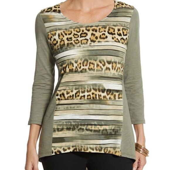 Chico’s Brie Cheetah Stripe Knit Top Green Size 1 - Picture 1 of 10